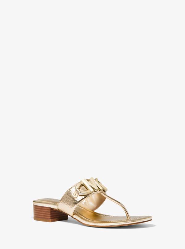 Damske Slapky Michael Kors Izzy Logo Embellished Metallic Faux Leather Sandal Zlate - Topanky Michael Kors Vypredaj | DHXPS-3284